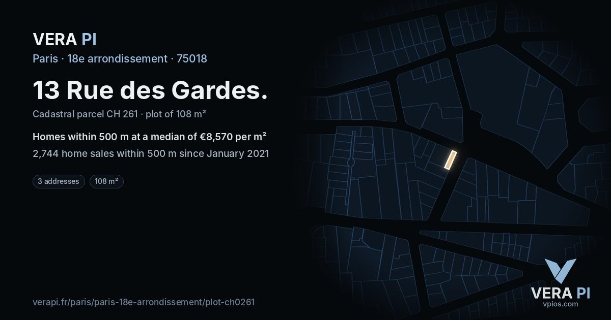13 Rue des Gardes, 18e arrondissement at night – the plot lit, the parcels around coloured by the prices near them