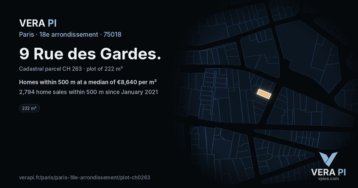 9 Rue des Gardes, 18e arrondissement at night – the plot lit, the parcels around coloured by the prices near them