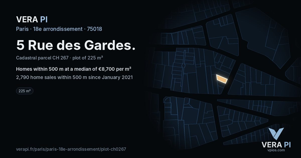 5 Rue des Gardes, 18e arrondissement at night – the plot lit, the parcels around coloured by the prices near them