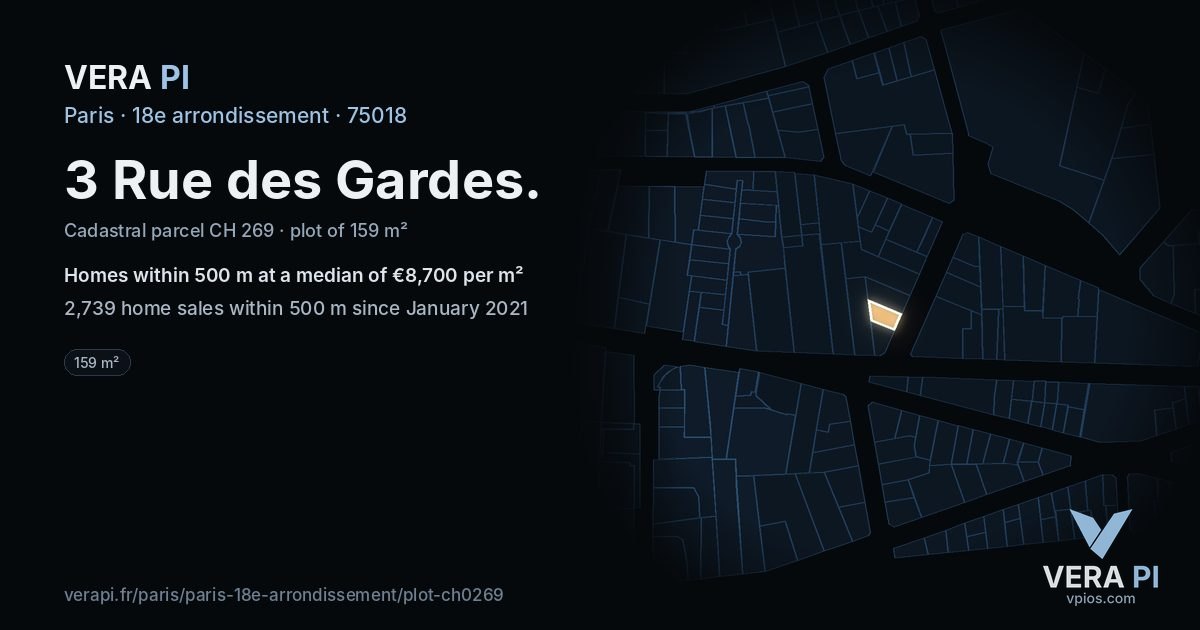3 Rue des Gardes, 18e arrondissement at night – the plot lit, the parcels around coloured by the prices near them