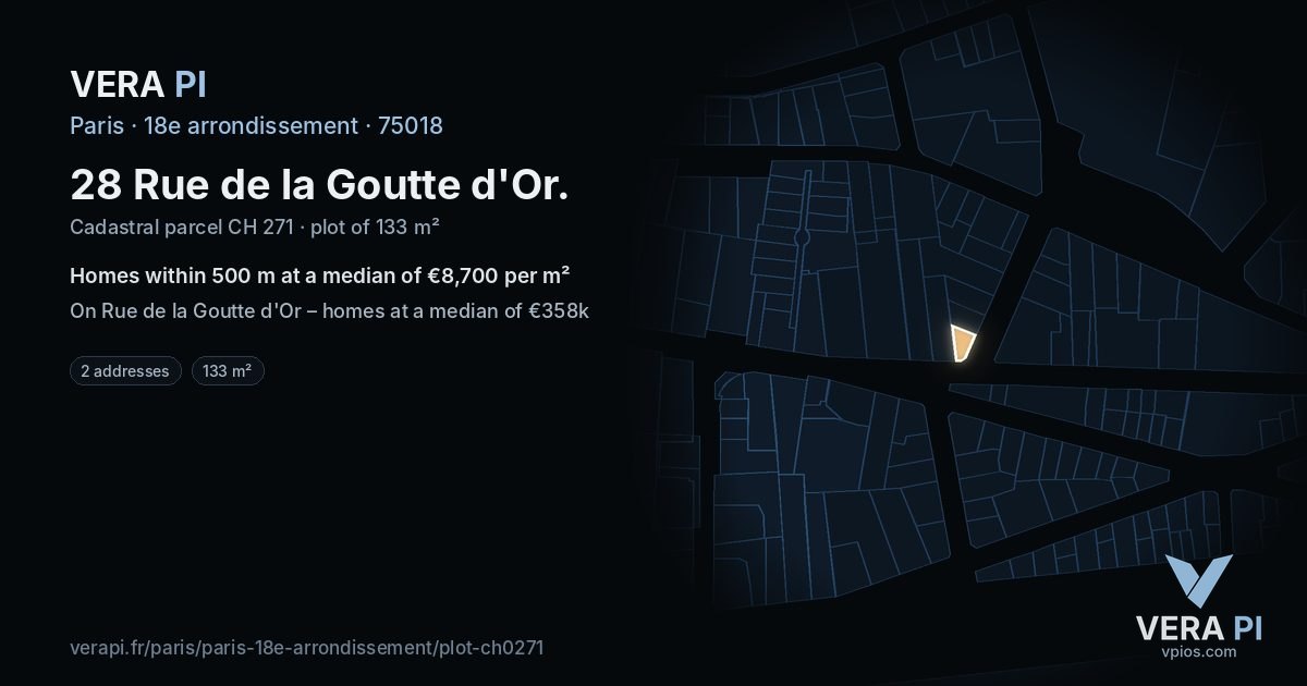 28 Rue de la Goutte d'Or, 18e arrondissement at night – the plot lit, the parcels around coloured by the prices near them