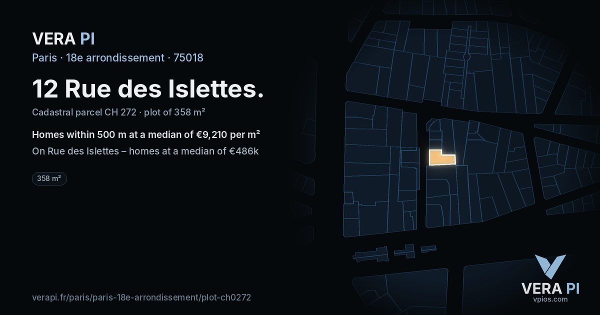 12 Rue des Islettes, 18e arrondissement at night – the plot lit, the parcels around coloured by the prices near them