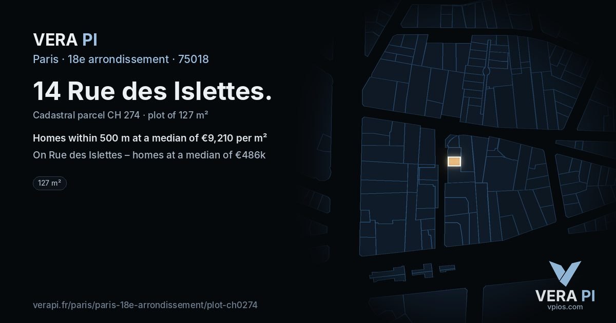 14 Rue des Islettes, 18e arrondissement at night – the plot lit, the parcels around coloured by the prices near them