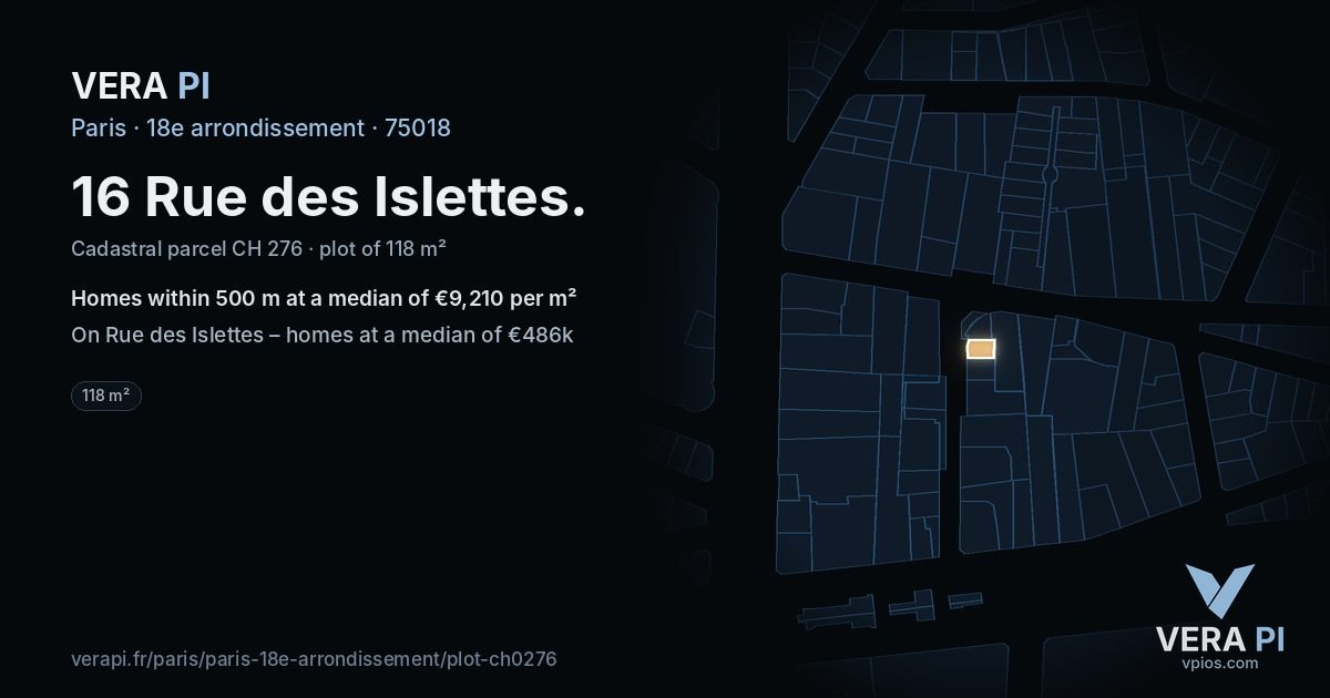 16 Rue des Islettes, 18e arrondissement at night – the plot lit, the parcels around coloured by the prices near them