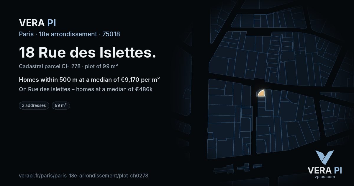 18 Rue des Islettes, 18e arrondissement at night – the plot lit, the parcels around coloured by the prices near them