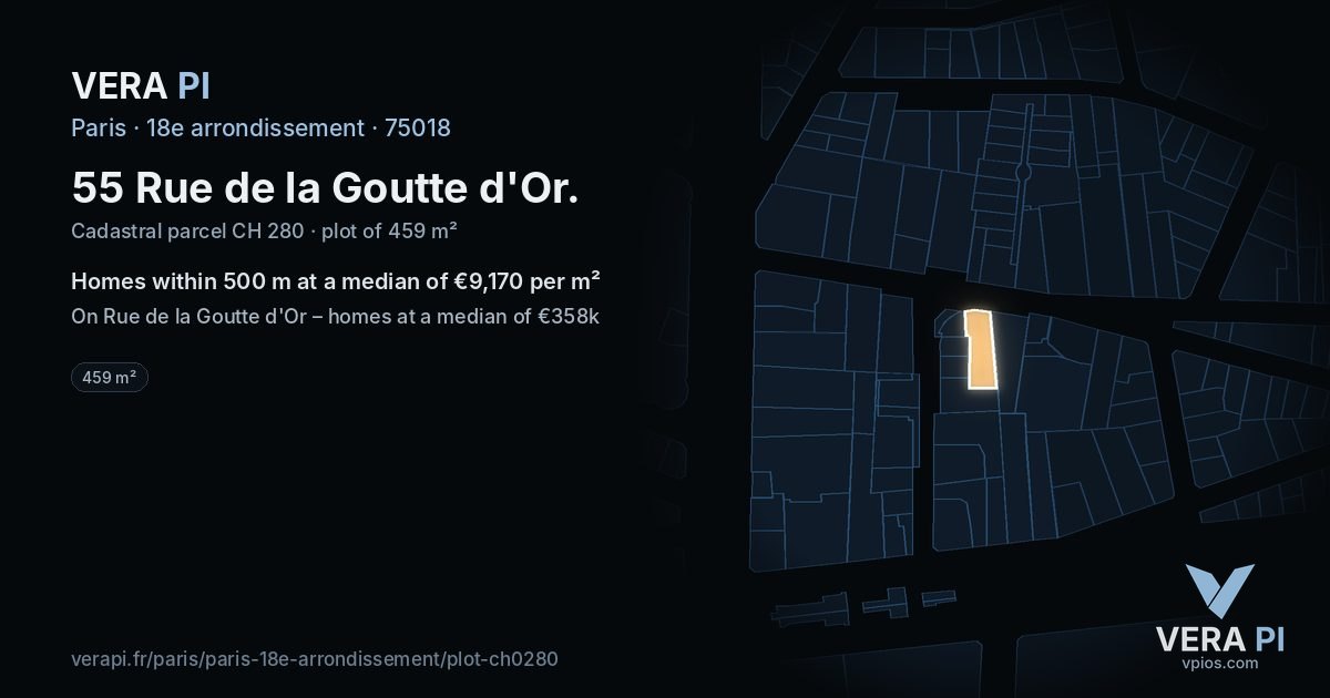 55 Rue de la Goutte d'Or, 18e arrondissement at night – the plot lit, the parcels around coloured by the prices near them