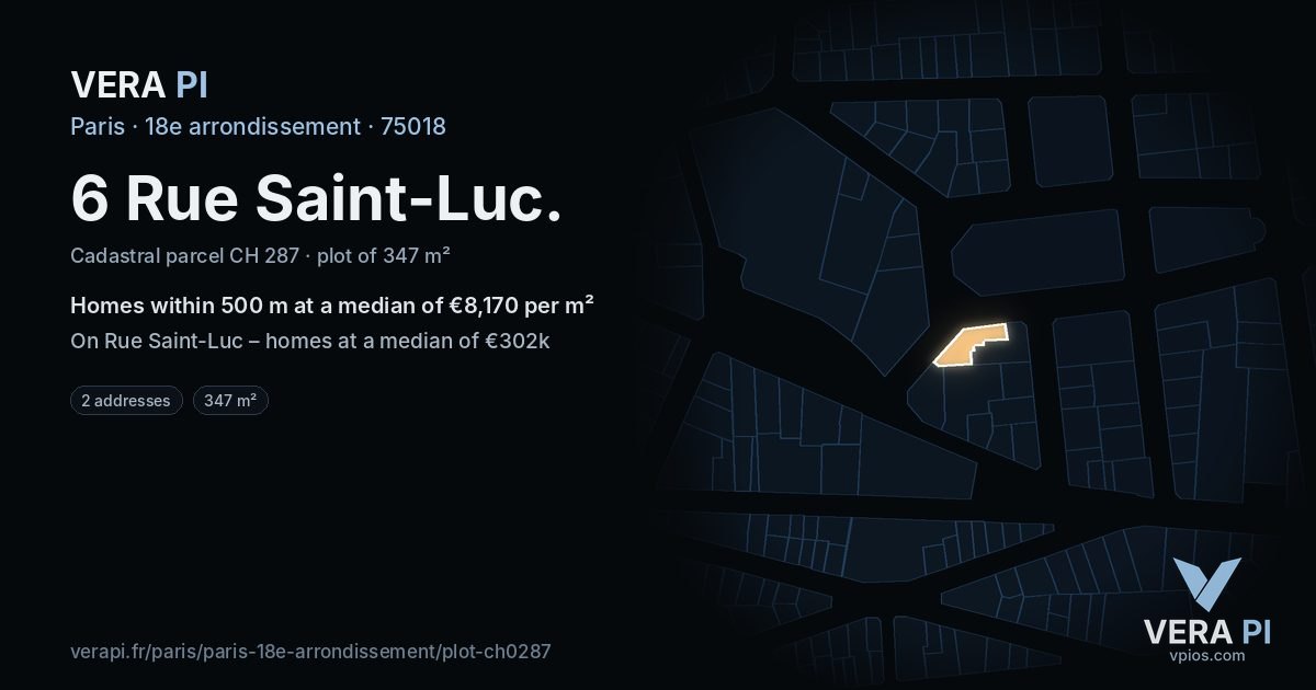 6 Rue Saint-Luc, 18e arrondissement at night – the plot lit, the parcels around coloured by the prices near them