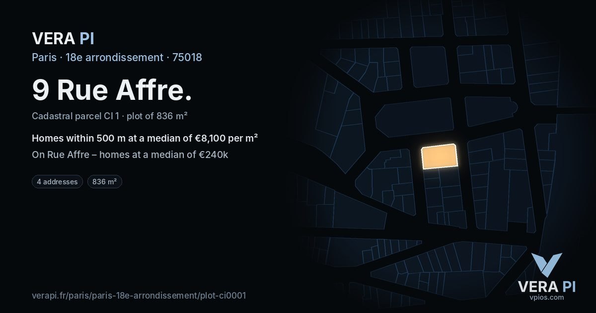 9 Rue Affre, 18e arrondissement at night – the plot lit, the parcels around coloured by the prices near them