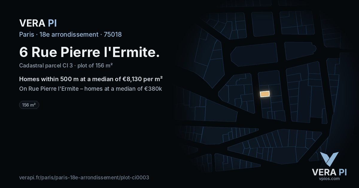 6 Rue Pierre l'Ermite, 18e arrondissement at night – the plot lit, the parcels around coloured by the prices near them