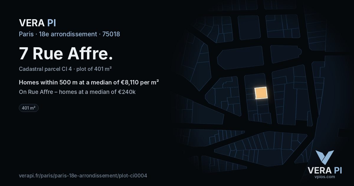 7 Rue Affre, 18e arrondissement at night – the plot lit, the parcels around coloured by the prices near them