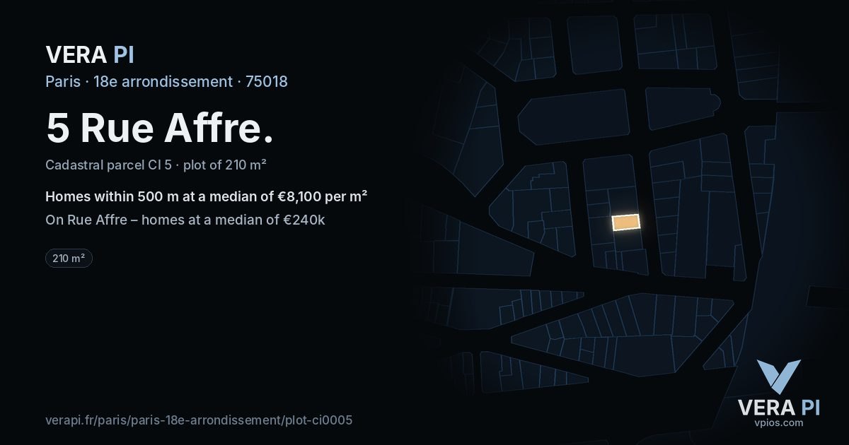 5 Rue Affre, 18e arrondissement at night – the plot lit, the parcels around coloured by the prices near them