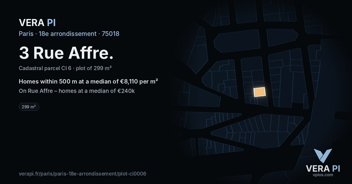 3 Rue Affre, 18e arrondissement at night – the plot lit, the parcels around coloured by the prices near them