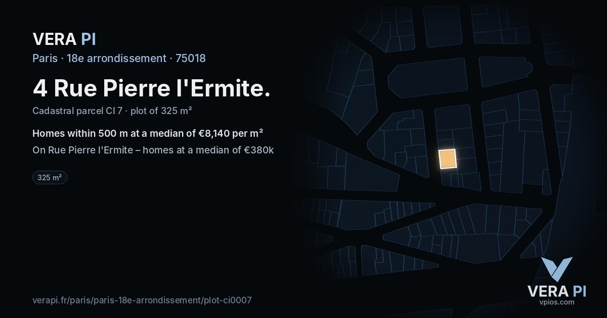4 Rue Pierre l'Ermite, 18e arrondissement at night – the plot lit, the parcels around coloured by the prices near them
