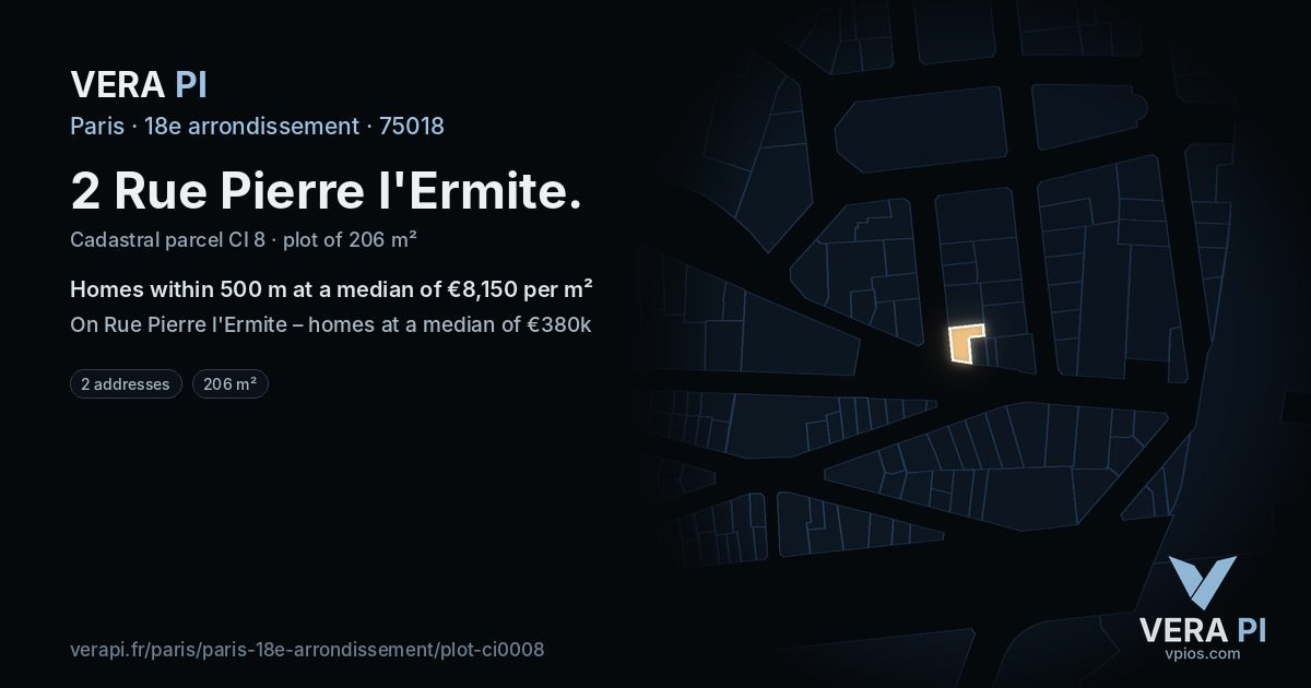 2 Rue Pierre l'Ermite, 18e arrondissement at night – the plot lit, the parcels around coloured by the prices near them