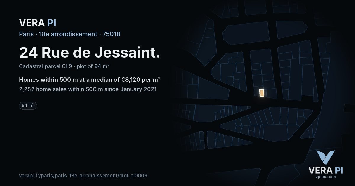24 Rue de Jessaint, 18e arrondissement at night – the plot lit, the parcels around coloured by the prices near them
