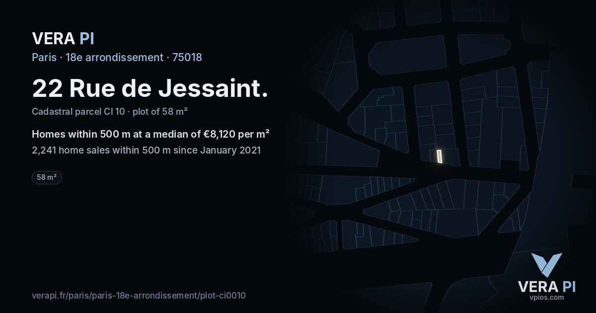 22 Rue de Jessaint, 18e arrondissement at night – the plot lit, the parcels around coloured by the prices near them