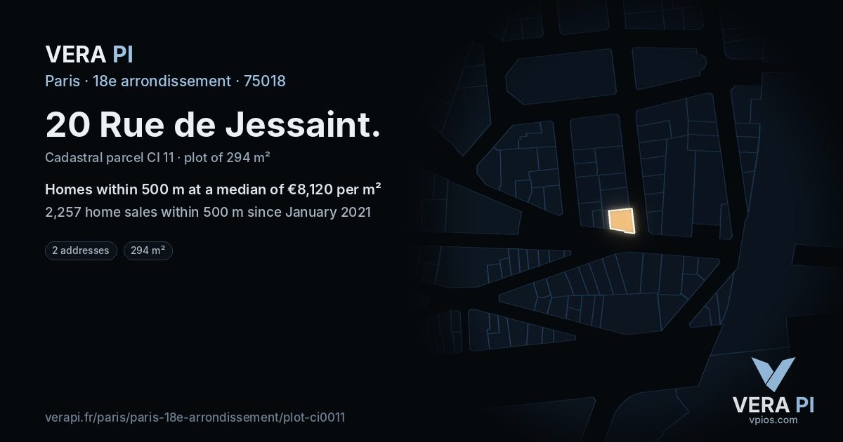 20 Rue de Jessaint, 18e arrondissement at night – the plot lit, the parcels around coloured by the prices near them
