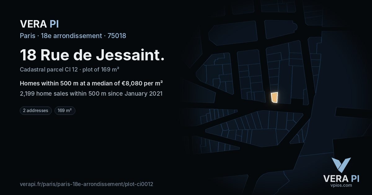18 Rue de Jessaint, 18e arrondissement at night – the plot lit, the parcels around coloured by the prices near them
