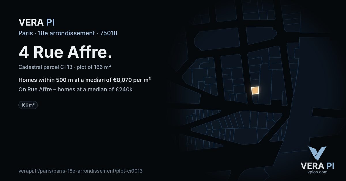 4 Rue Affre, 18e arrondissement at night – the plot lit, the parcels around coloured by the prices near them