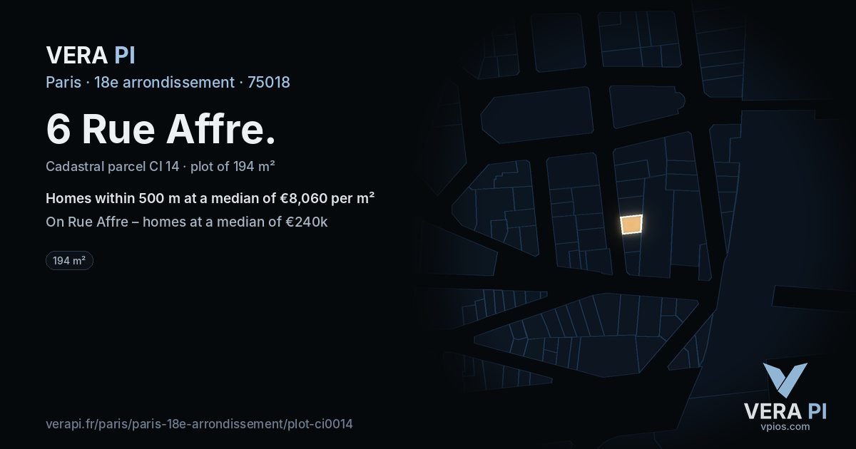 6 Rue Affre, 18e arrondissement at night – the plot lit, the parcels around coloured by the prices near them