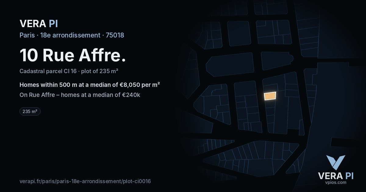 10 Rue Affre, 18e arrondissement at night – the plot lit, the parcels around coloured by the prices near them