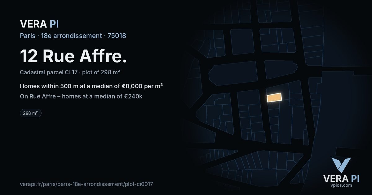12 Rue Affre, 18e arrondissement at night – the plot lit, the parcels around coloured by the prices near them