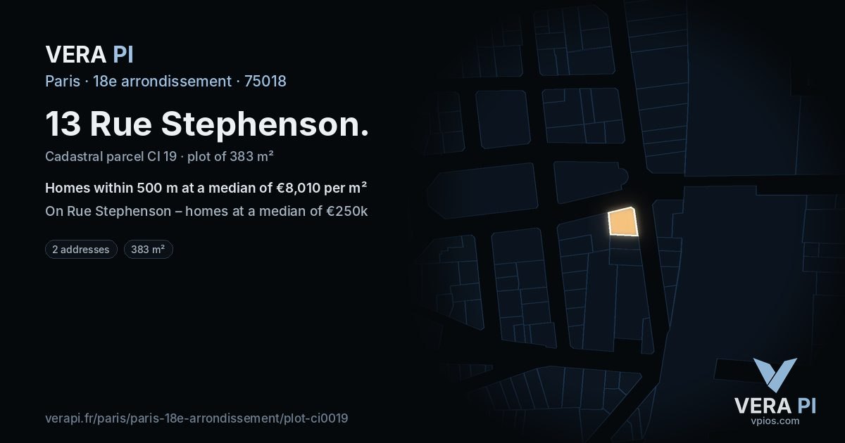 13 Rue Stephenson, 18e arrondissement at night – the plot lit, the parcels around coloured by the prices near them