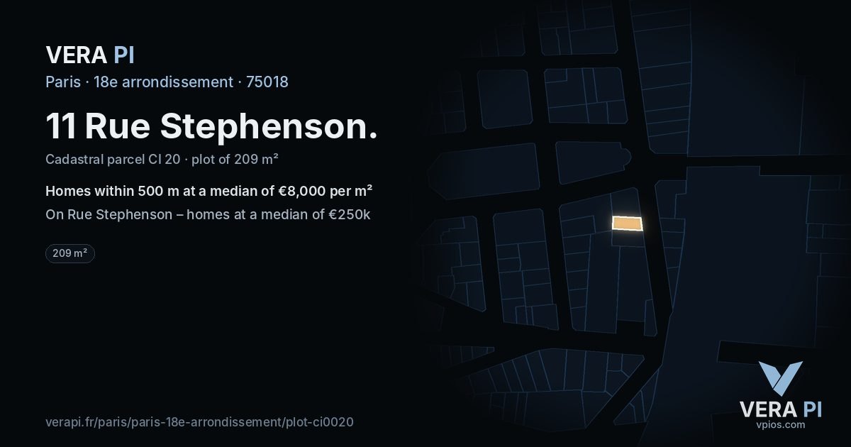 11 Rue Stephenson, 18e arrondissement at night – the plot lit, the parcels around coloured by the prices near them