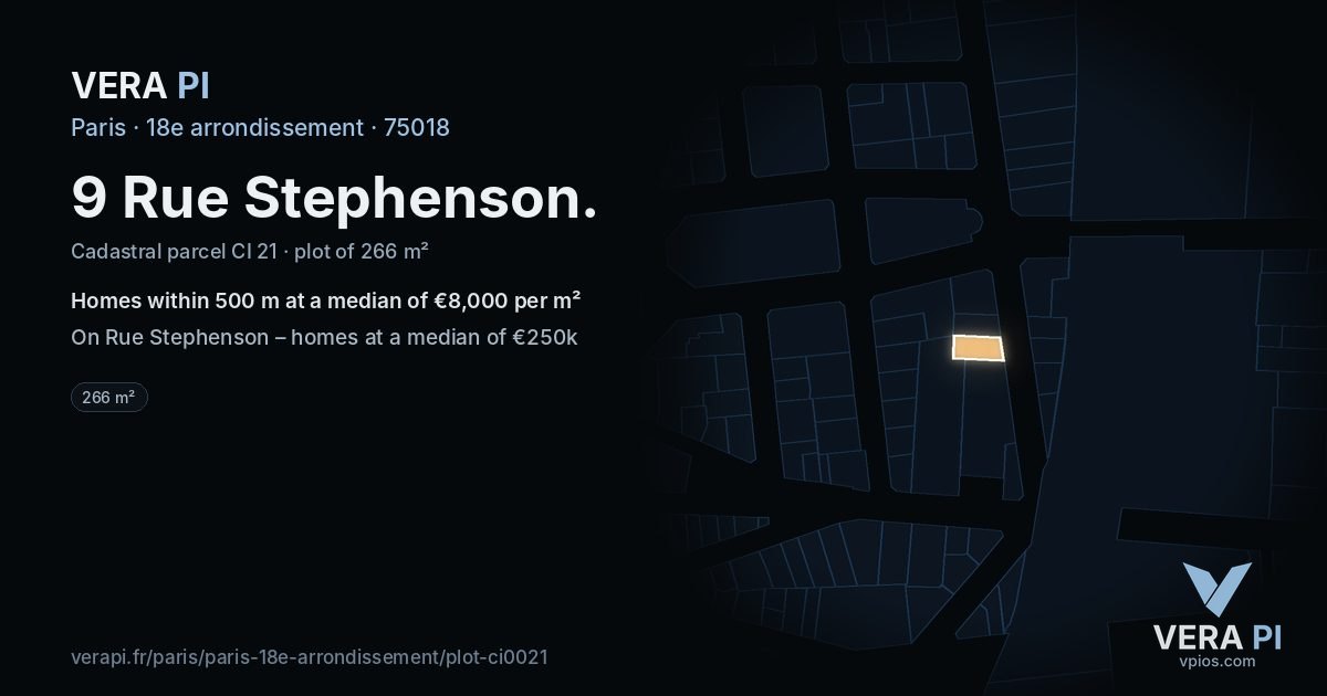 9 Rue Stephenson, 18e arrondissement at night – the plot lit, the parcels around coloured by the prices near them
