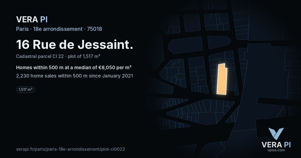 16 Rue de Jessaint, 18e arrondissement at night – the plot lit, the parcels around coloured by the prices near them