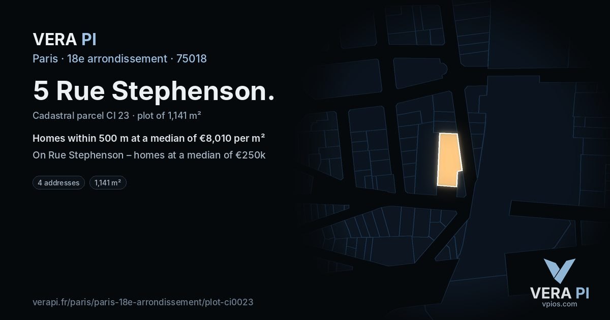 5 Rue Stephenson, 18e arrondissement at night – the plot lit, the parcels around coloured by the prices near them