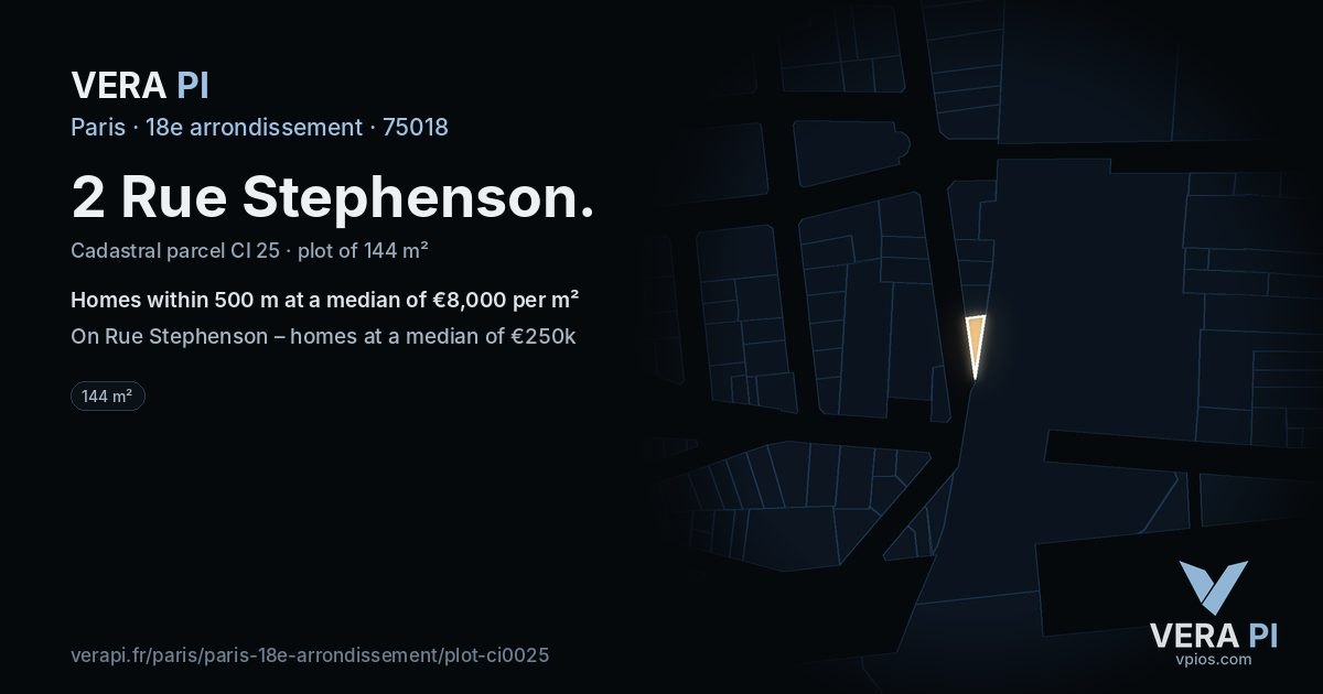 2 Rue Stephenson, 18e arrondissement at night – the plot lit, the parcels around coloured by the prices near them