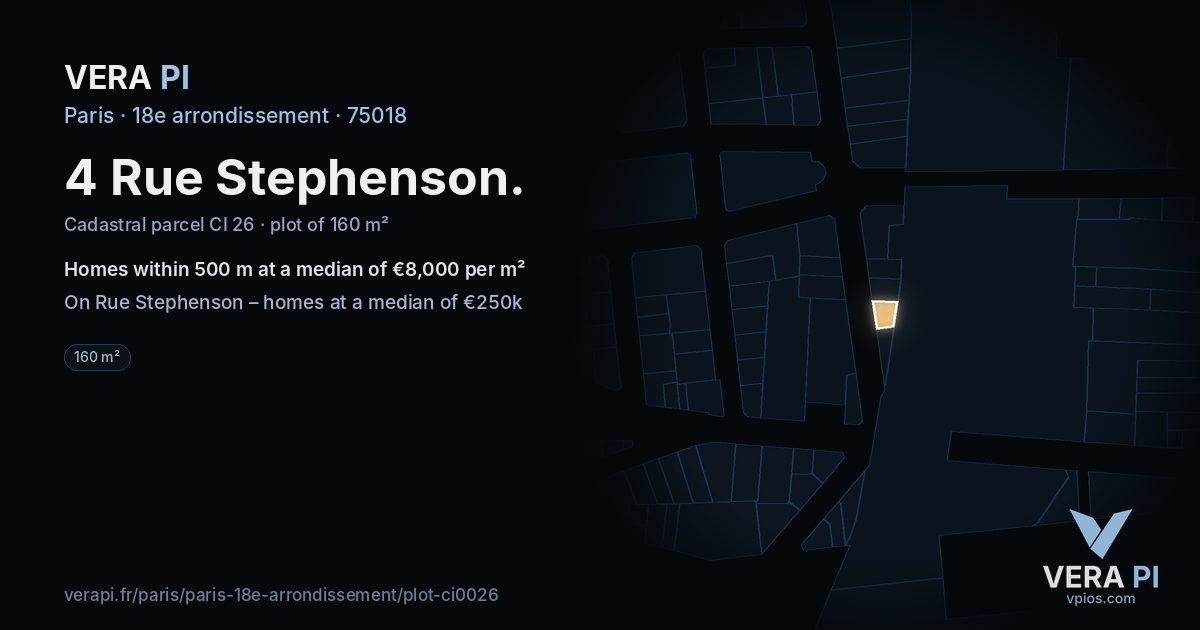 4 Rue Stephenson, 18e arrondissement at night – the plot lit, the parcels around coloured by the prices near them