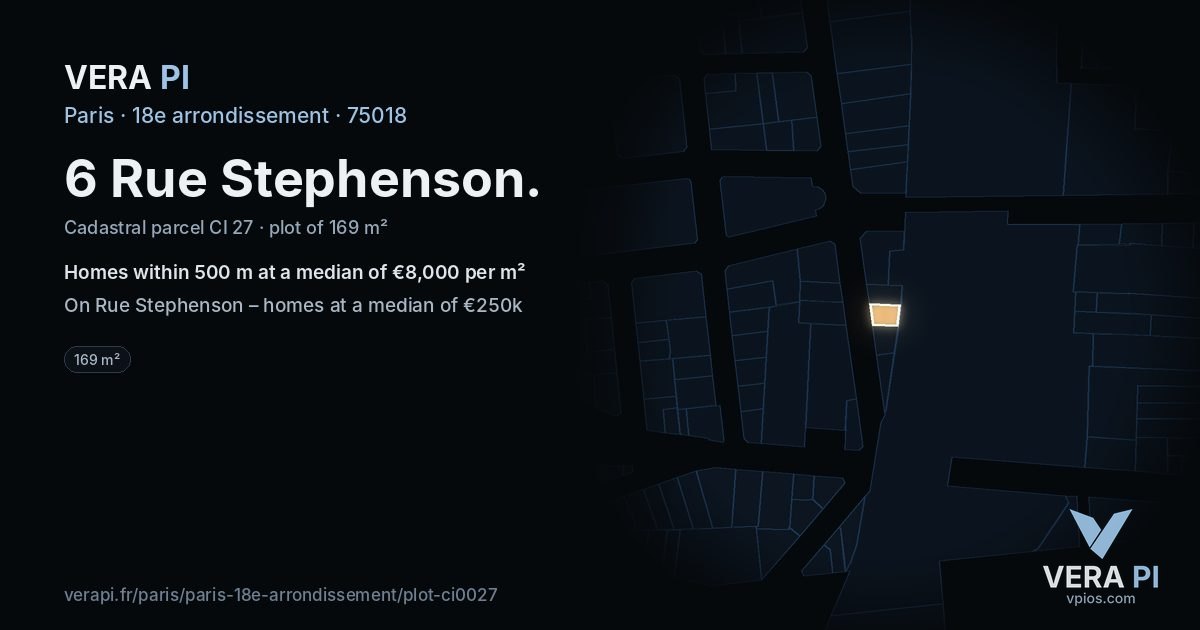 6 Rue Stephenson, 18e arrondissement at night – the plot lit, the parcels around coloured by the prices near them
