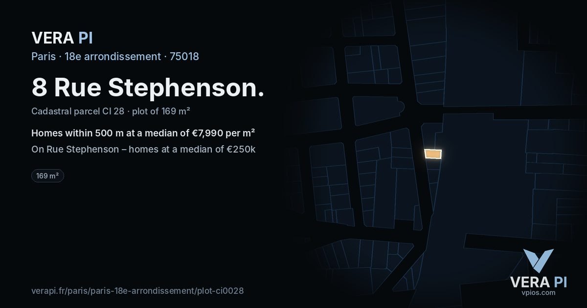 8 Rue Stephenson, 18e arrondissement at night – the plot lit, the parcels around coloured by the prices near them