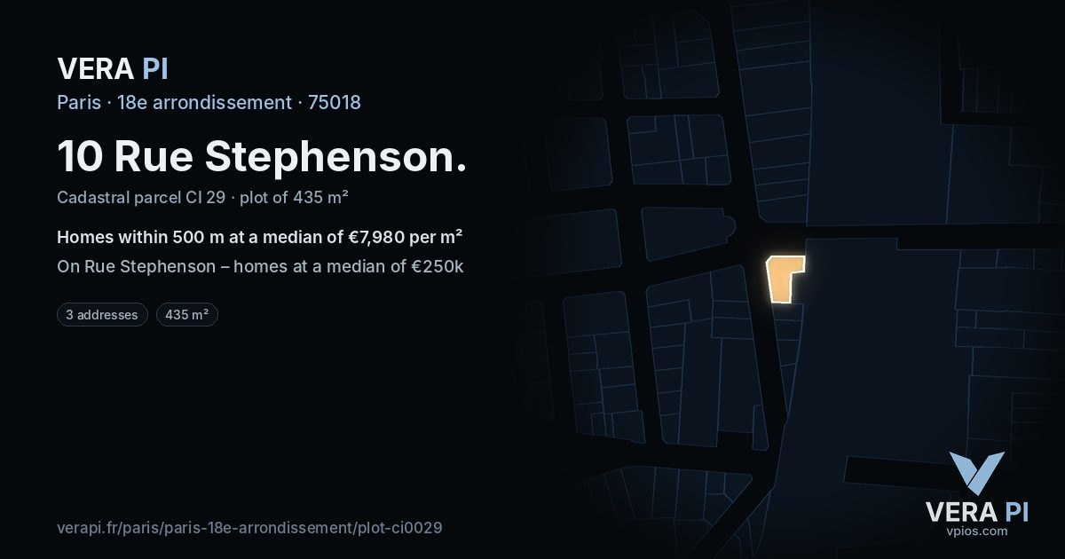 10 Rue Stephenson, 18e arrondissement at night – the plot lit, the parcels around coloured by the prices near them