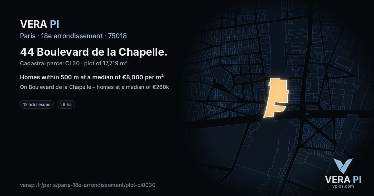 44 Boulevard de la Chapelle, 18e arrondissement at night – the plot lit, the parcels around coloured by the prices near them