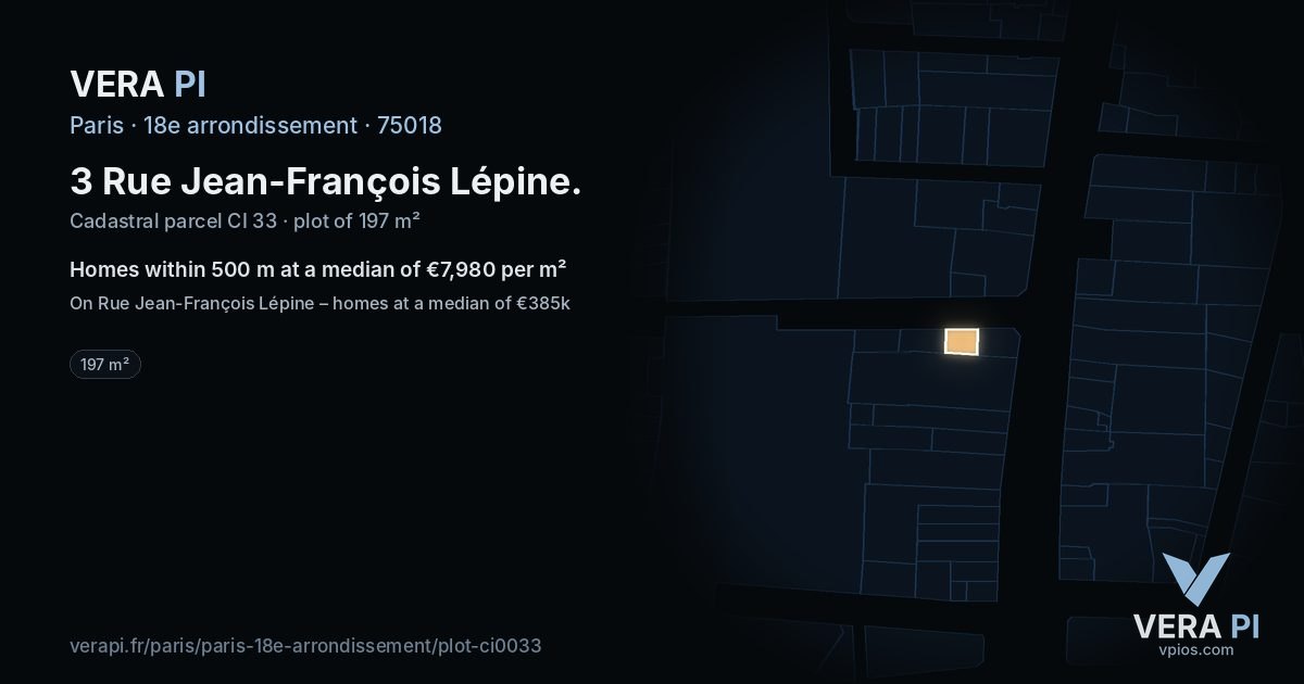 3 Rue Jean-François Lépine, 18e arrondissement at night – the plot lit, the parcels around coloured by the prices near them