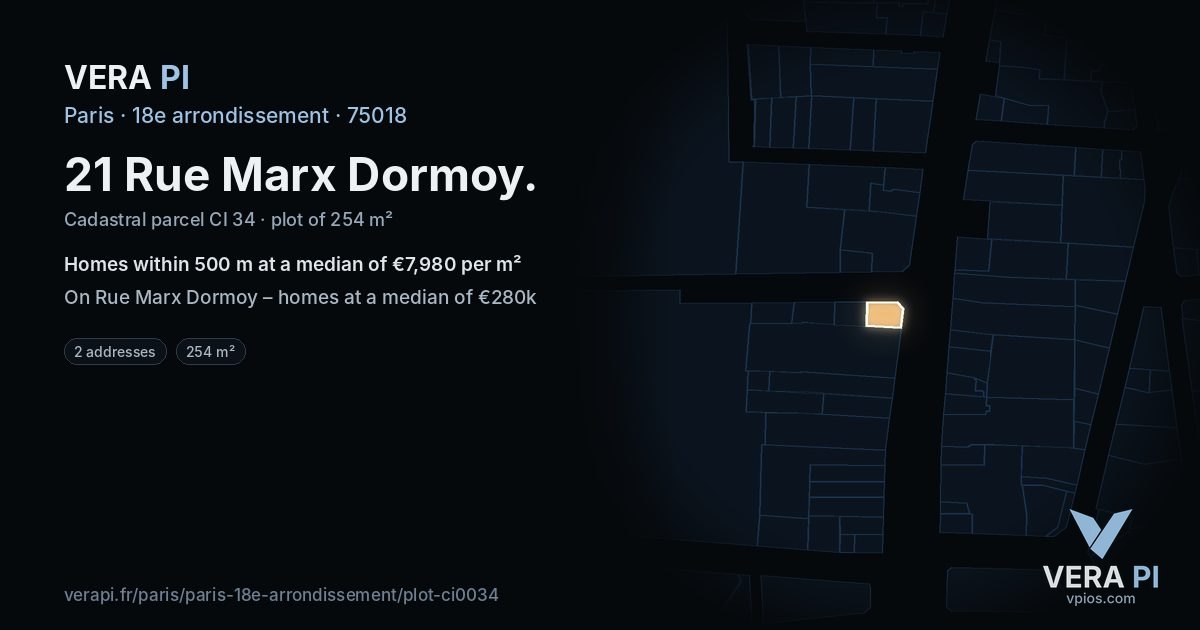 21 Rue Marx Dormoy, 18e arrondissement at night – the plot lit, the parcels around coloured by the prices near them