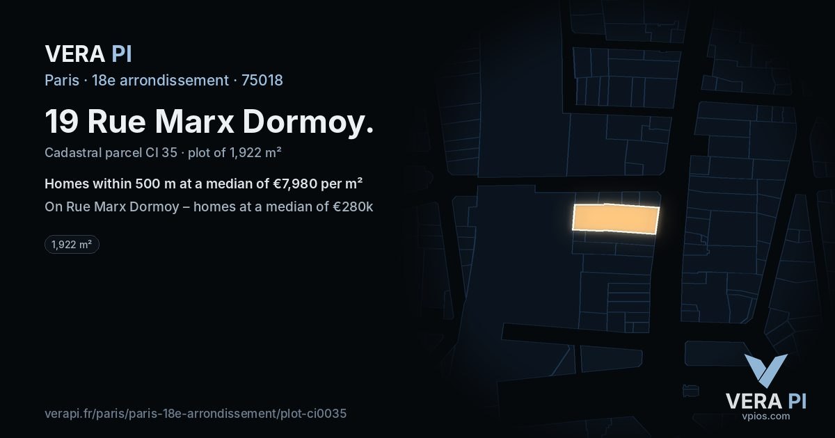 19 Rue Marx Dormoy, 18e arrondissement at night – the plot lit, the parcels around coloured by the prices near them