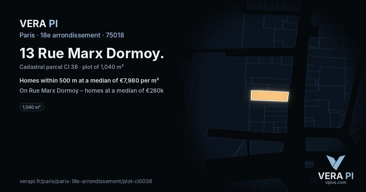 13 Rue Marx Dormoy, 18e arrondissement at night – the plot lit, the parcels around coloured by the prices near them