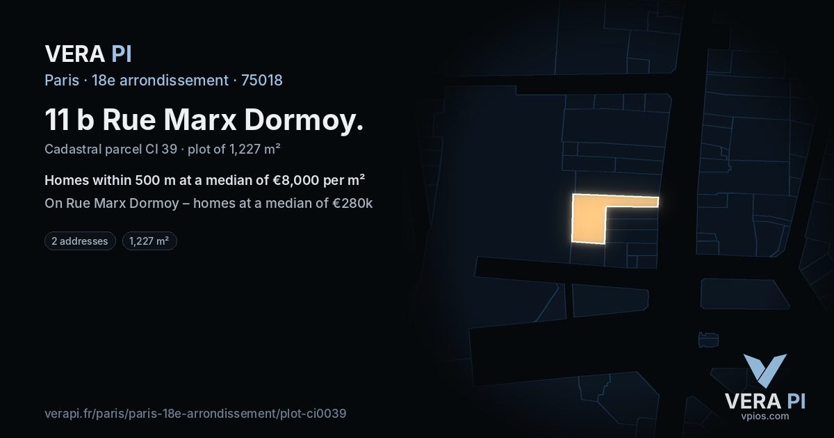 11 b Rue Marx Dormoy, 18e arrondissement at night – the plot lit, the parcels around coloured by the prices near them