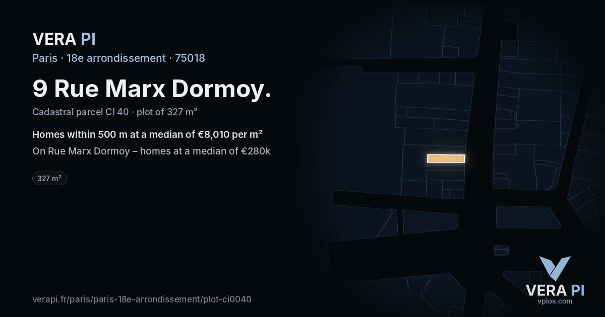 9 Rue Marx Dormoy, 18e arrondissement at night – the plot lit, the parcels around coloured by the prices near them