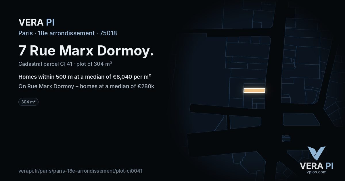 7 Rue Marx Dormoy, 18e arrondissement at night – the plot lit, the parcels around coloured by the prices near them