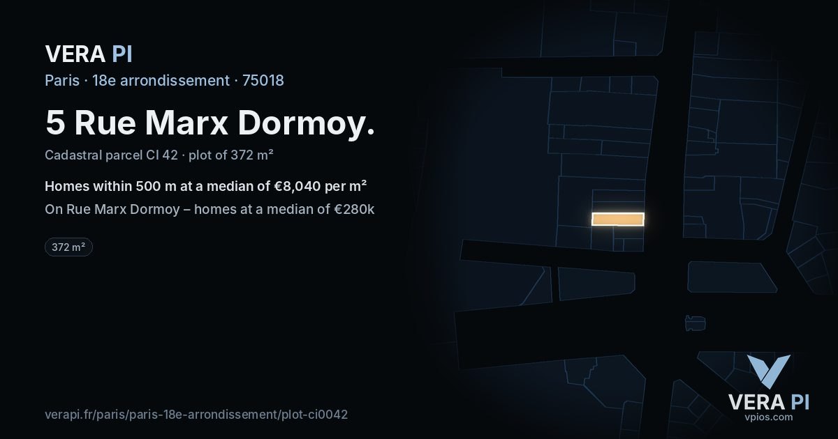 5 Rue Marx Dormoy, 18e arrondissement at night – the plot lit, the parcels around coloured by the prices near them