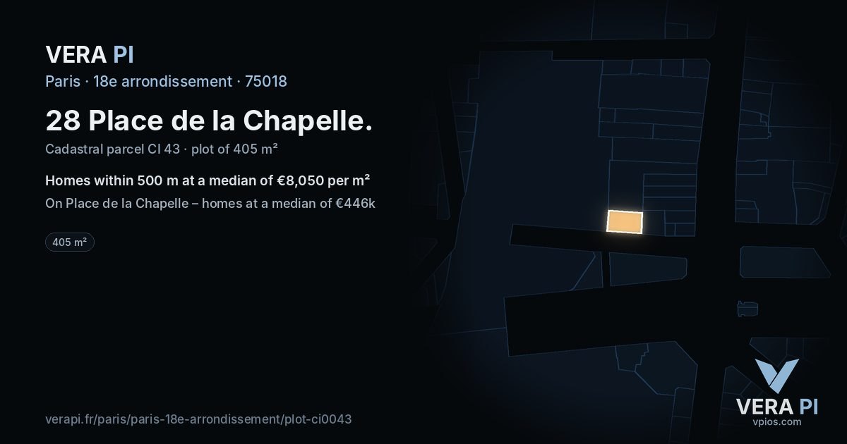 28 Place de la Chapelle, 18e arrondissement at night – the plot lit, the parcels around coloured by the prices near them