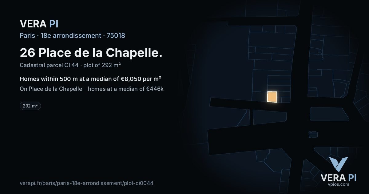 26 Place de la Chapelle, 18e arrondissement at night – the plot lit, the parcels around coloured by the prices near them