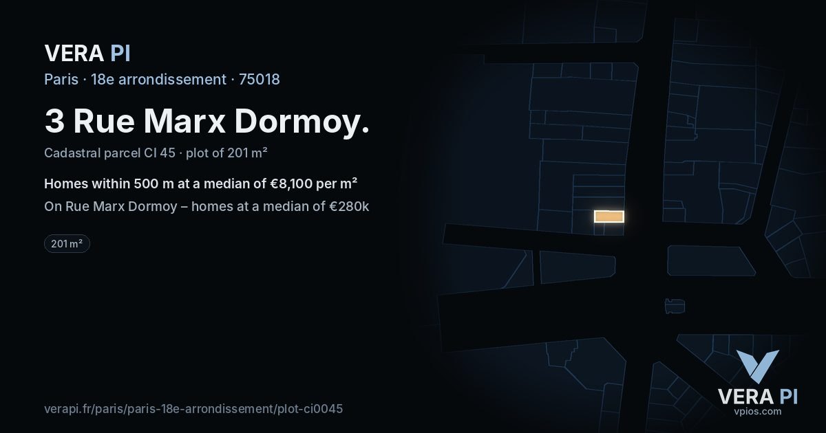 3 Rue Marx Dormoy, 18e arrondissement at night – the plot lit, the parcels around coloured by the prices near them
