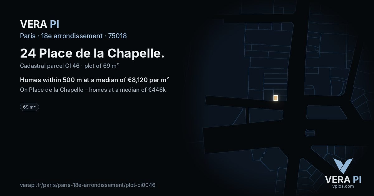 24 Place de la Chapelle, 18e arrondissement at night – the plot lit, the parcels around coloured by the prices near them