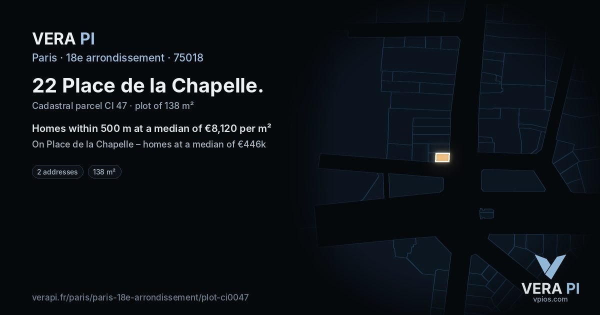 22 Place de la Chapelle, 18e arrondissement at night – the plot lit, the parcels around coloured by the prices near them